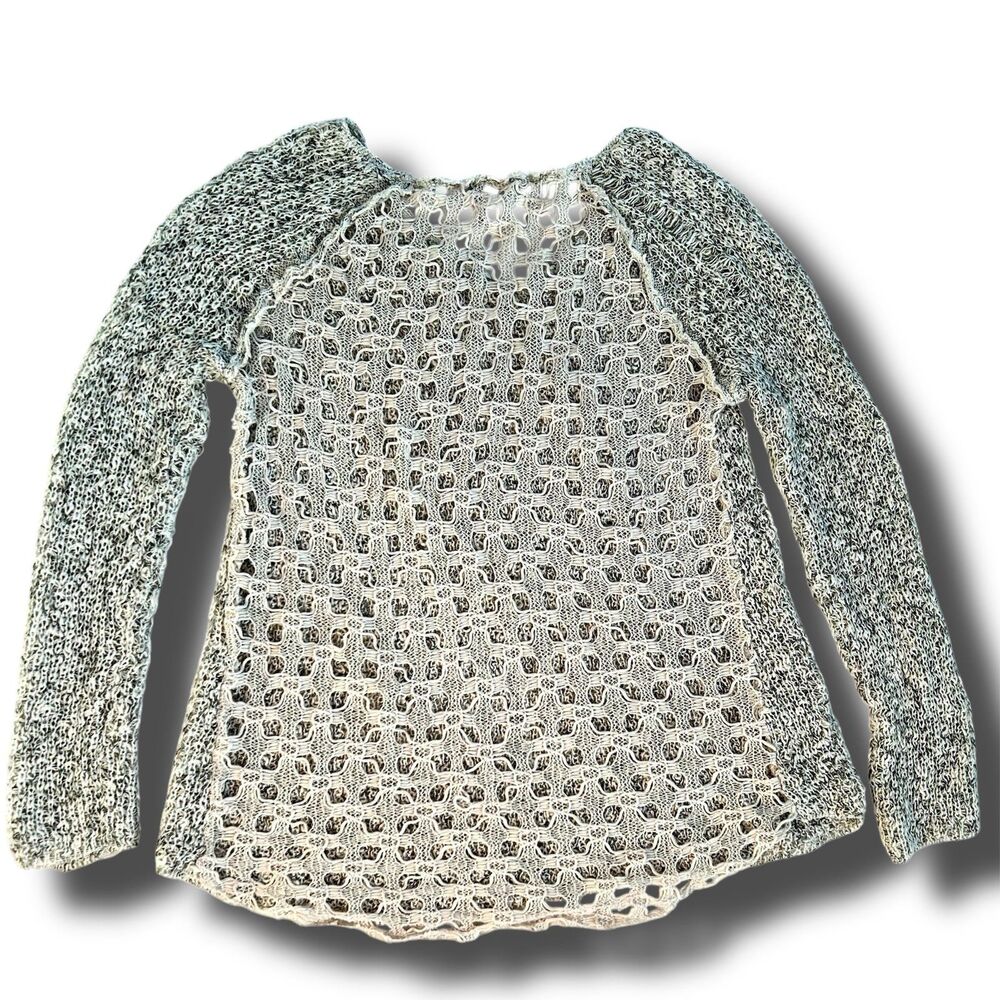 Poof! Heathered Green V-Neck Sweater with Open Knit Back size S Semi-sheer